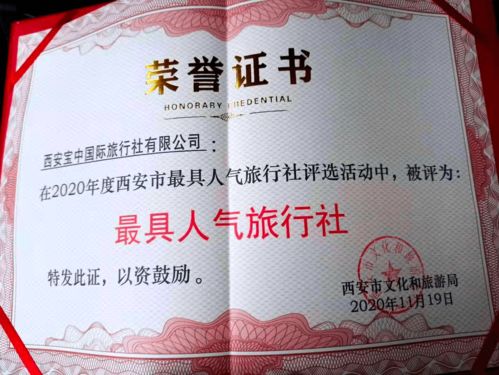 西安寶中國際旅行社榮獲2020年度西安市 最具人氣旅行社